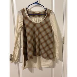 CP Shades silk cotton plaid blouse top XS tan brown blue